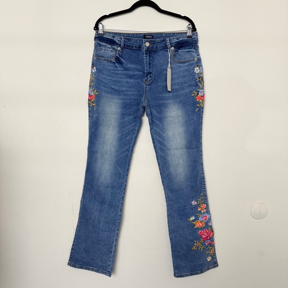 Flamingals Denim - Flamingals Floral Embroidery Mid Waist High Stretch Bootcut Jeans with Pockets